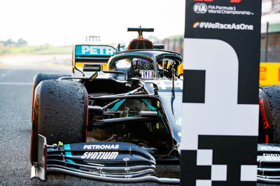 Race winner Lewis Hamilton (GBR) Mercedes AMG F1 W11 celebrates in parc ferme.