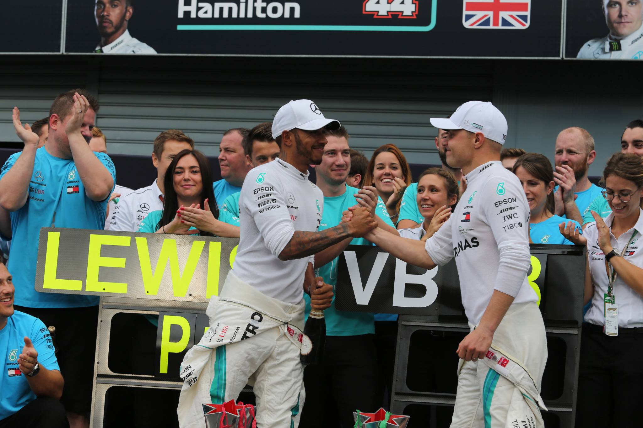 02.09.2018 - Race, Celebration, Lewis Hamilton (GBR) Mercedes AMG F1 W09 race winner and Valtteri Bottas (FIN) Mercedes AMG F1 W09 3rd place