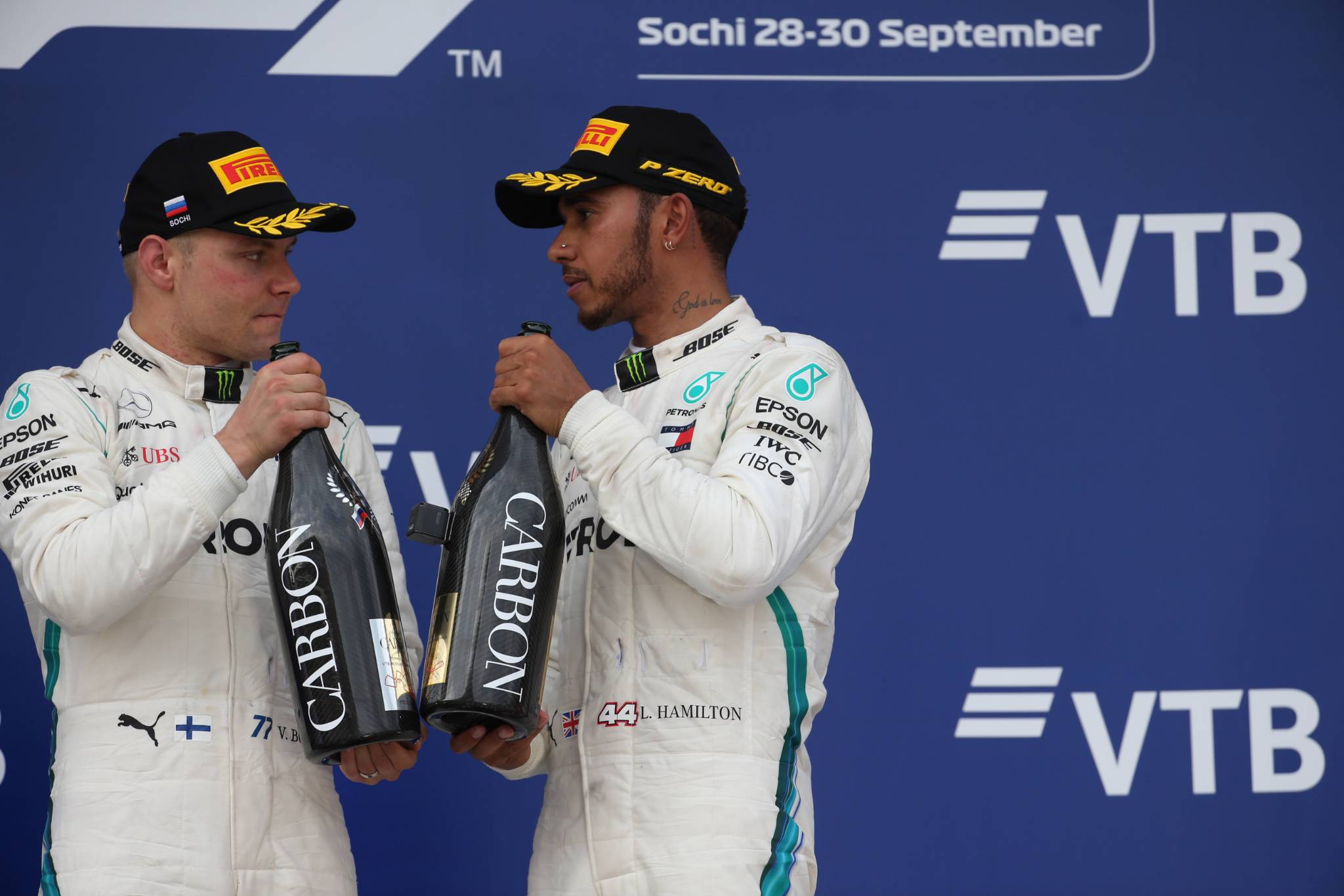 30.09.2018 - Race, 2nd place Valtteri Bottas (FIN) Mercedes AMG F1 W09 and Lewis Hamilton (GBR) Mercedes AMG F1 W09 race winner
