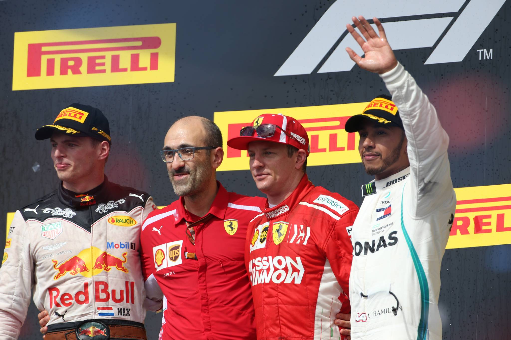 21.10.2018- podium, winner Kimi Raikkonen (FIN) Scuderia Ferrari SF71H, 2nd place Max Verstappen (NED) Red Bull Racing RB14 and 3rd place Lewis Hamilton (GBR) Mercedes AMG F1 W09 