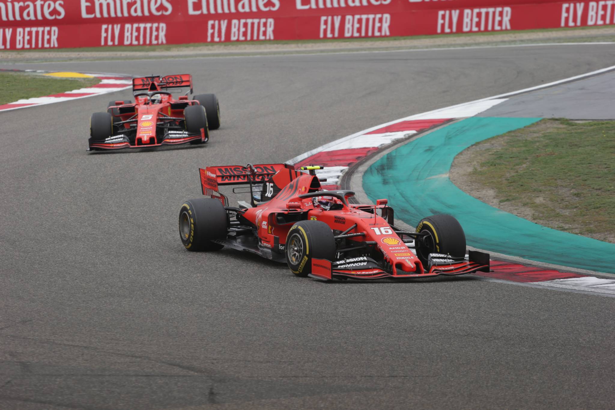 14.04.2019- Race, Charles Leclerc (MON) Scuderia Ferrari SF90 leads Sebastian Vettel (GER) Scuderia Ferrari SF90