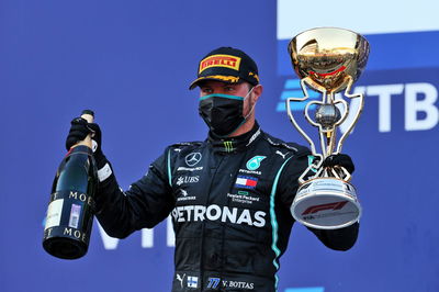 Race winner Valtteri Bottas (FIN) Mercedes AMG F1 celebrates on the podium.