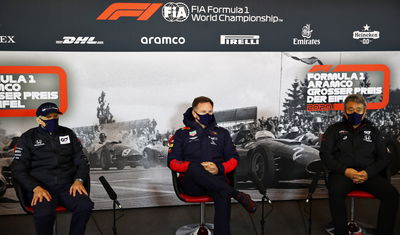 The FIA Press Conference (L to R): Franz Tost (AUT) AlphaTauri Team Principal; Christian Horner (GBR) Red Bull Racing Team Principal; Masashi Yamamoto (JPN) Honda Racing F1 Managing Director.