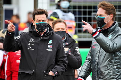 (L to R): Toto Wolff (GER) Mercedes AMG F1 Shareholder and Executive Director with Ola Kallenius (SWE) Daimler Chairman of the Board of Management and Head of Mercedes-Benz on the grid.