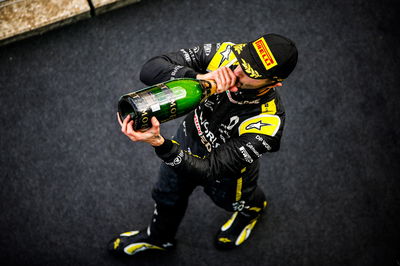 Daniel Ricciardo (AUS) Renault F1 Team celebrates his third position on the podium.