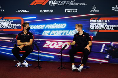 (L to R): Romain Grosjean (FRA) Haas F1 Team and team mate Kevin Magnussen (DEN) Haas F1 Team in the FIA Press Conference.