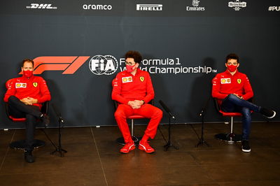 (L to R): Sebastian Vettel (GER) Ferrari; Mattia Binotto (ITA) Ferrari Team Principal; and Charles Leclerc (MON) Ferrari, in the FIA Press Conference.