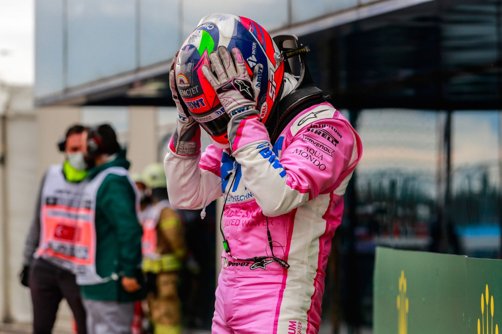 Sergio Perez (MEX) Racing Point F1 Team celebrates his second position in parc ferme.