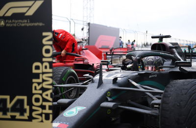 Race winner and World Champion Lewis Hamilton (GBR) Mercedes AMG F1 W11 celebrates in parc ferme.