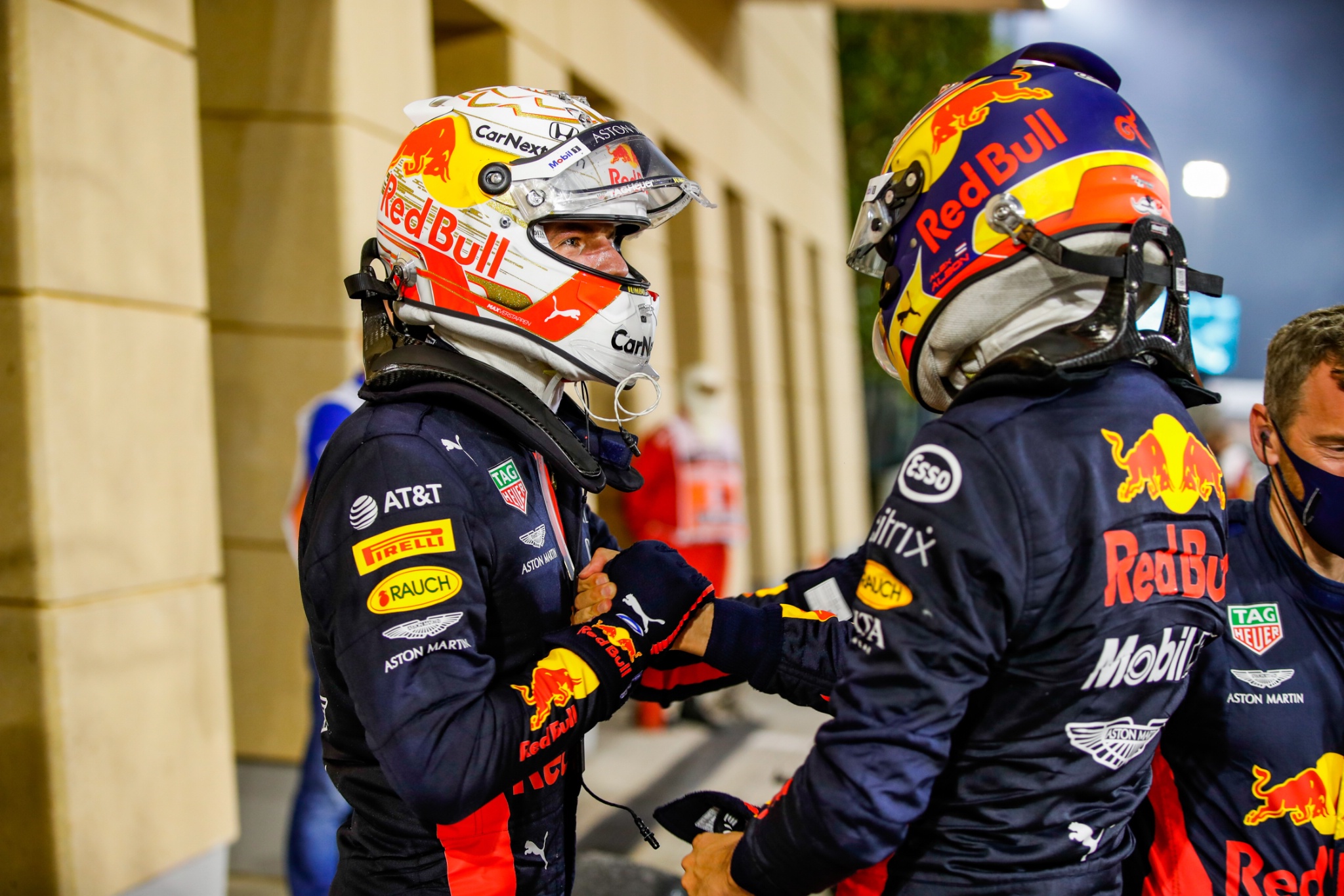 (L to R): Max Verstappen (NLD) Red Bull Racing celebrates his second position with third placed team mate Alexander Albon (THA) Red Bull Racing.