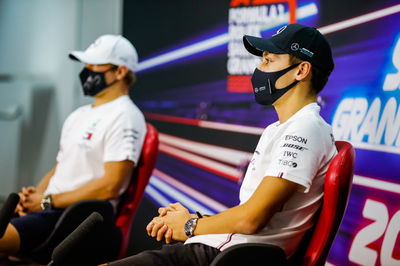 George Russell (GBR) Mercedes AMG F1 with team mate Valtteri Bottas (FIN) Mercedes AMG F1 in the FIA Press Conference.