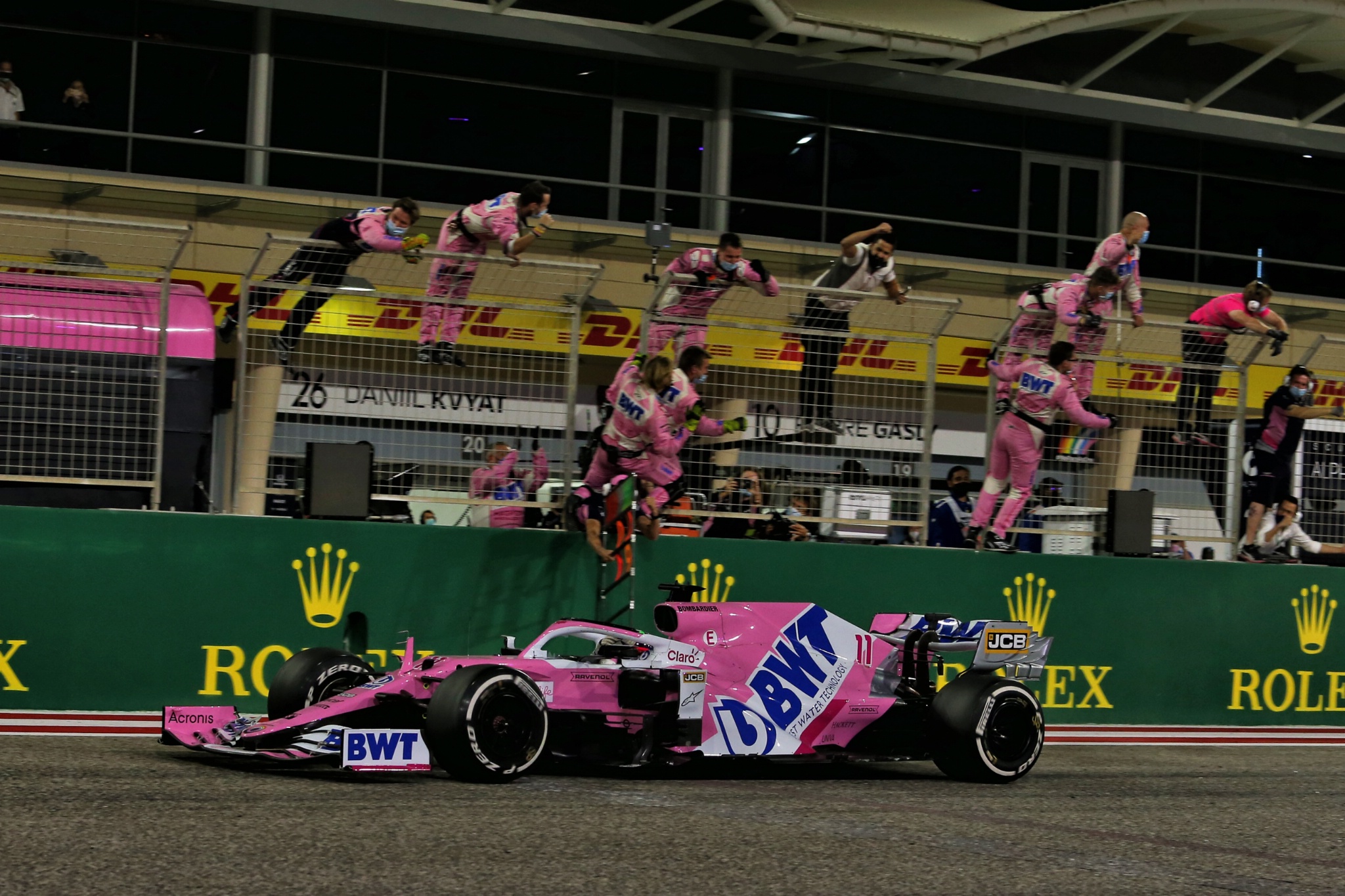 Race winner Sergio Perez (MEX) Racing Point F1 Team RP19 celebrates as he passes the team at the end of the race.