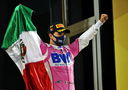 Race winner Sergio Perez (MEX) Racing Point F1 Team celebrates on the podium.