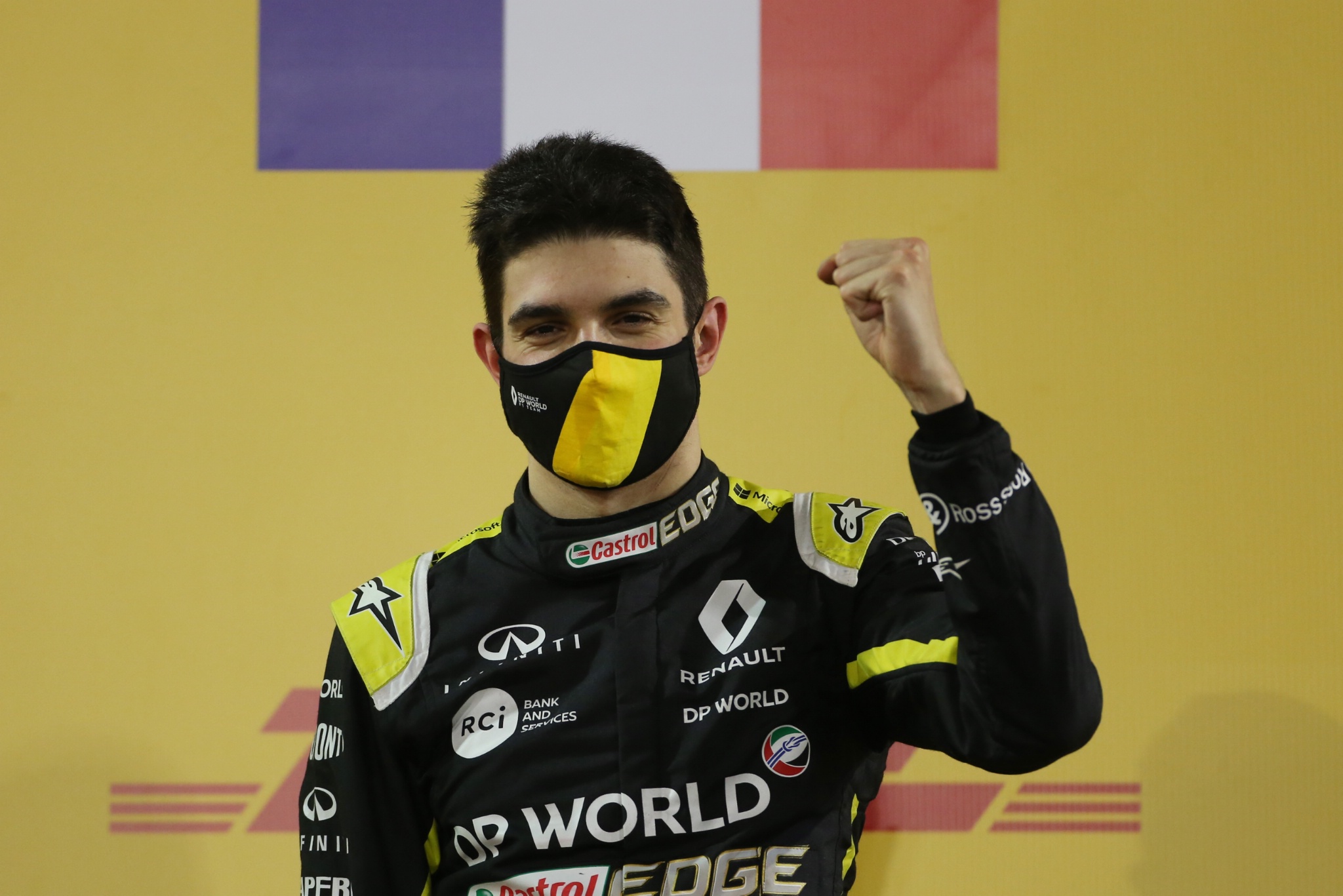 Esteban Ocon (FRA) Renault F1 Team celebrates his second position on the podium.