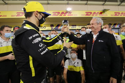 Esteban Ocon (FRA) Renault F1 Team celebrates his second position with Jerome Stoll (FRA) Renault Sport F1 President and the team.