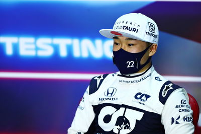 Yuki Tsunoda (JPN) AlphaTauri AT02 in the FIA Press Conference.