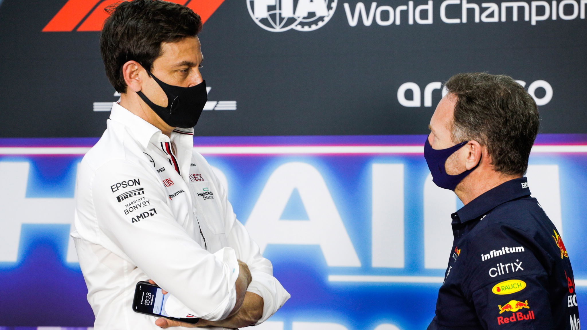 (L to R): Toto Wolff (GER) Mercedes AMG F1 Shareholder and Executive Director and Christian Horner (GBR) Red Bull Racing Team Principal in the FIA Press Conference.