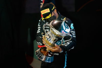 Race winner Lewis Hamilton (GBR) Mercedes AMG F1 celebrates on the podium.