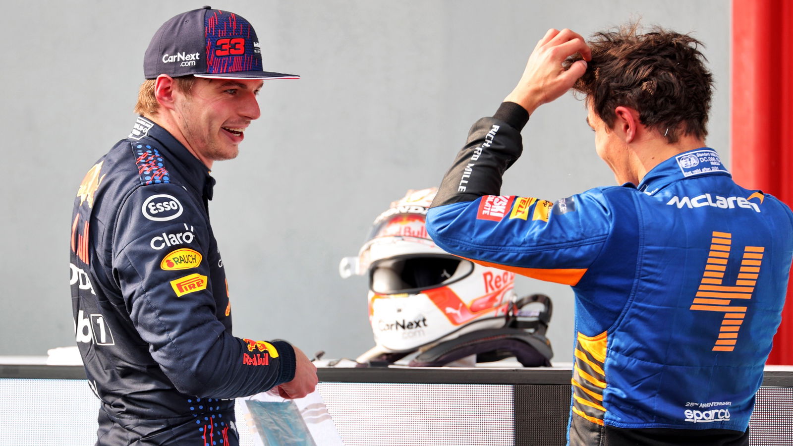(L to R): Race winner Max Verstappen (NLD) Red Bull Racing and third placed Lando Norris (GBR) McLaren in parc ferme.