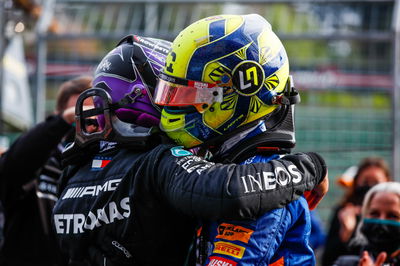 (L to R): Lewis Hamilton (GBR) Mercedes AMG F1 celebrates his second position with third placed Lando Norris (GBR) McLaren in parc ferme.