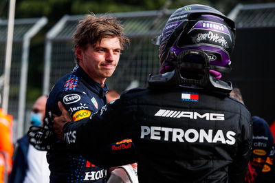 (L to R): Race winner Max Verstappen (NLD) Red Bull Racing celebrates in parc ferme with second placed Lewis Hamilton (GBR) Mercedes AMG F1.