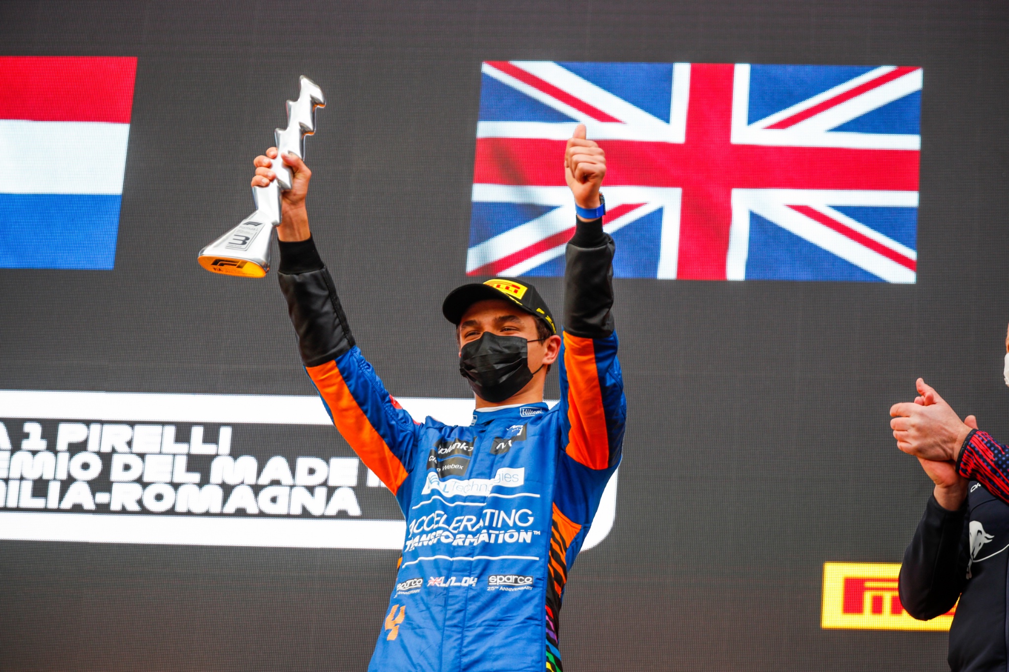 Lando Norris (GBR) McLaren celebrates his third position on the podium.