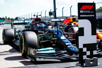 Pole sitter Valtteri Bottas (FIN) Mercedes AMG F1 W12 in qualifying parc ferme.