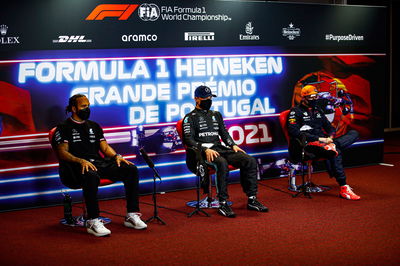 (L to R): Lewis Hamilton (GBR) Mercedes AMG F1; Valtteri Bottas (FIN) Mercedes AMG F1; and Max Verstappen (NLD) Red Bull Racing, in the post qualifying FIA Press Conference.