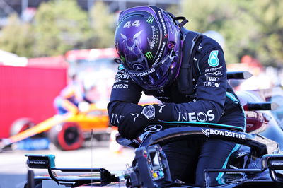 Pole sitter Lewis Hamilton (GBR) Mercedes AMG F1 W12 in qualifying parc ferme.