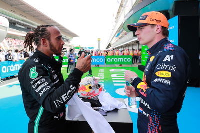 (L to R): Race winner Lewis Hamilton (GBR) Mercedes AMG F1 in parc ferme with second placed Max Verstappen (NLD) Red Bull Racing.