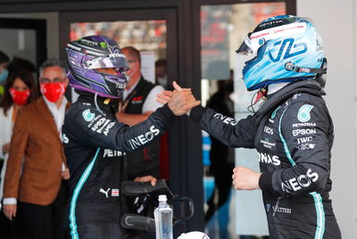 (L to R): Race winner Lewis Hamilton (GBR) Mercedes AMG F1 in parc ferme with third placed team mate Valtteri Bottas (FIN) Mercedes AMG F1.