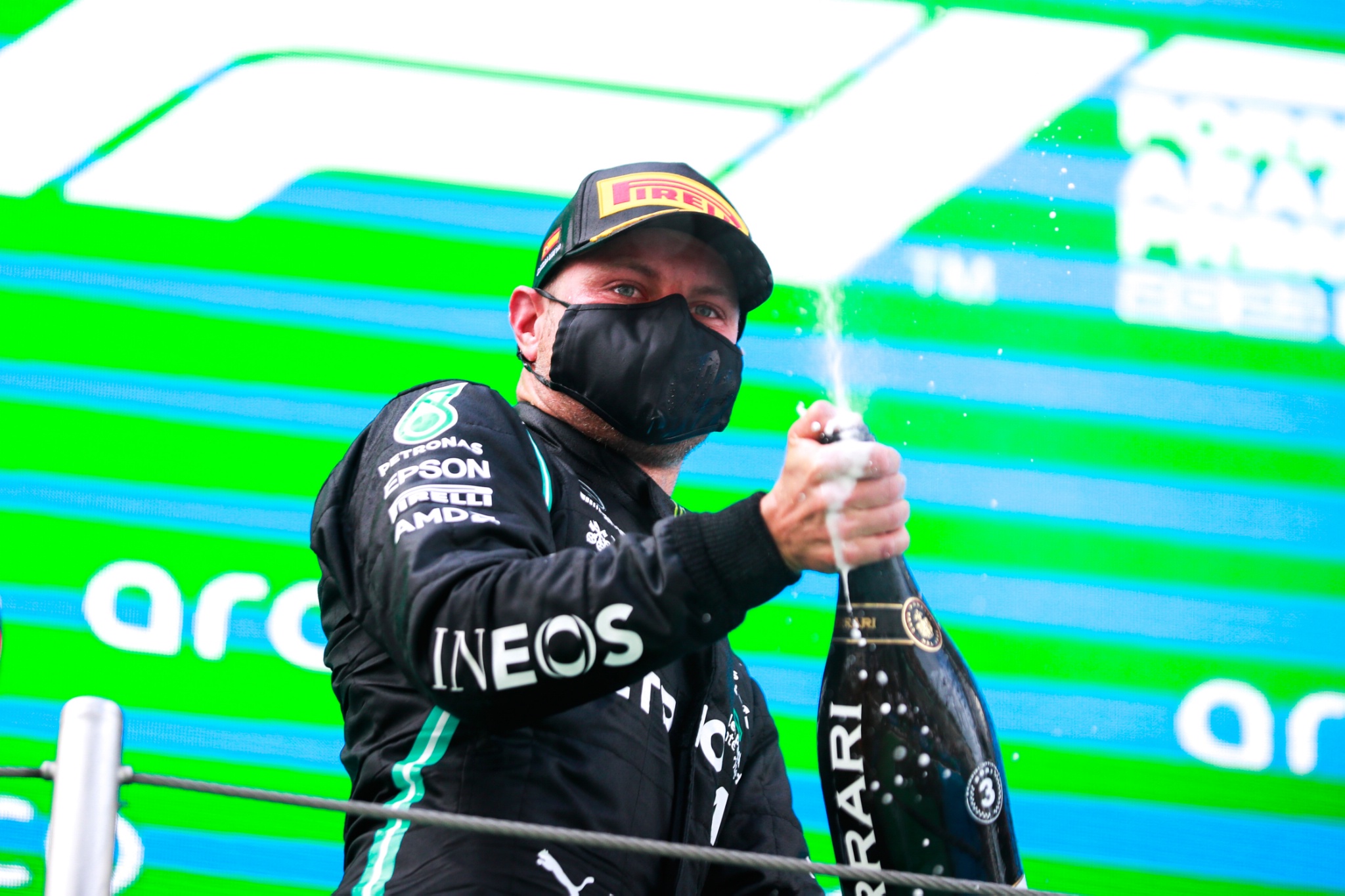 Valtteri Bottas (FIN) Mercedes AMG F1 celebrates his third position on the podium.