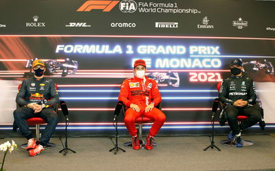 (L to R): Max Verstappen (NLD) Red Bull Racing; Charles Leclerc (MON) Ferrari; and Valtteri Bottas (FIN) Mercedes AMG F1, in the post qualifying FIA Press Conference.