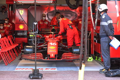 The Ferrari SF-21 of Charles Leclerc (MON) Ferrari, who isn't starting the race after crashing in qualifying.