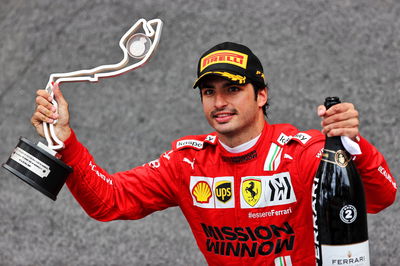 Carlos Sainz Jr (ESP) Ferrari celebrates his third position in parc ferme.