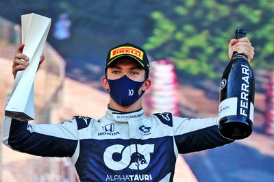 Pierre Gasly (FRA) AlphaTauri celebrates his third position on the podium.