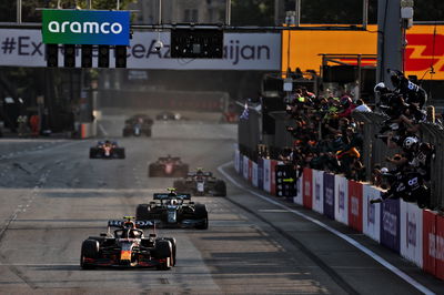 Race winner Sergio Perez (MEX) Red Bull Racing RB16B celebrates at the end of the race.