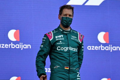 Sebastian Vettel (GER) Aston Martin F1 Team celebrates his second position on the podium.