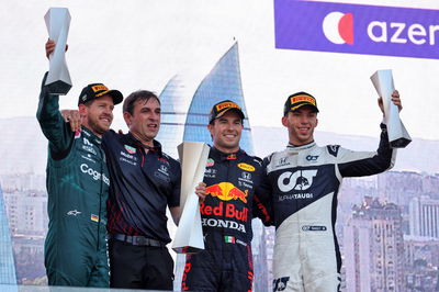 The podium (L to R): Sebastian Vettel (GER) Aston Martin F1 Team; second; Pierre Wache (FRA) Red Bull Racing Technical Director; Sergio Perez (MEX) Red Bull Racing, race winner; Pierre Gasly (FRA) AlphaTauri, third.