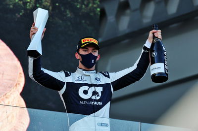 Pierre Gasly (FRA) AlphaTauri celebrates his third position on the podium.