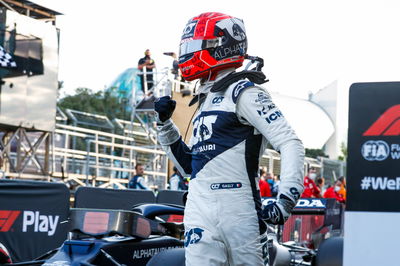 Pierre Gasly (FRA) AlphaTauri celebrates his third position in parc ferme.