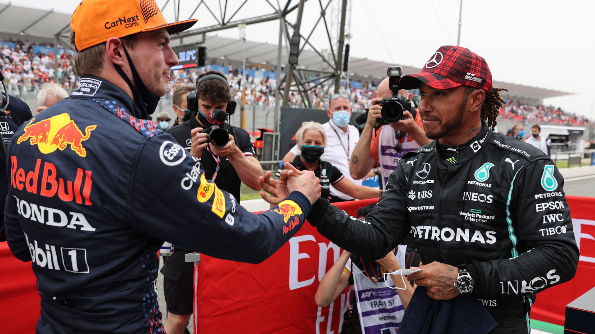 Pole for Max Verstappen (NLD) Red Bull Racing and 2nd for Lewis Hamilton (GBR) Mercedes AMG F1 W12.