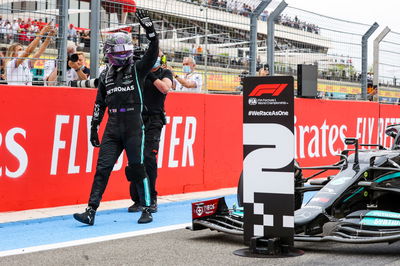 Lewis Hamilton (GBR) Mercedes AMG F1 W12 celebrates his second position in parc ferme.