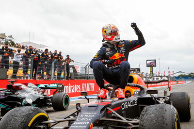 Race winner Max Verstappen (NLD) Red Bull Racing RB16B celebrates in parc ferme.