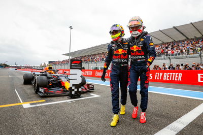 Race winner Max Verstappen (NLD) Red Bull Racing (Right) celebrates with third placed team mate Sergio Perez (MEX) Red Bull Racing in parc ferme.