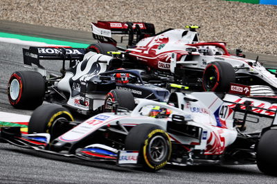 Pierre Gasly (FRA) AlphaTauri AT02 sandwiched inbetween Mick Schumacher (GER) Haas VF-21 and Callum Ilott (GBR) Alfa Romeo Racing C41 Reserve Driver.