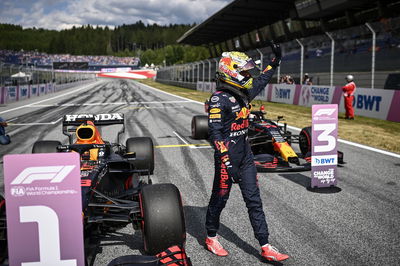 Pole sitter Max Verstappen (NLD) Red Bull Racing RB16B celebrates in qualifying parc ferme.