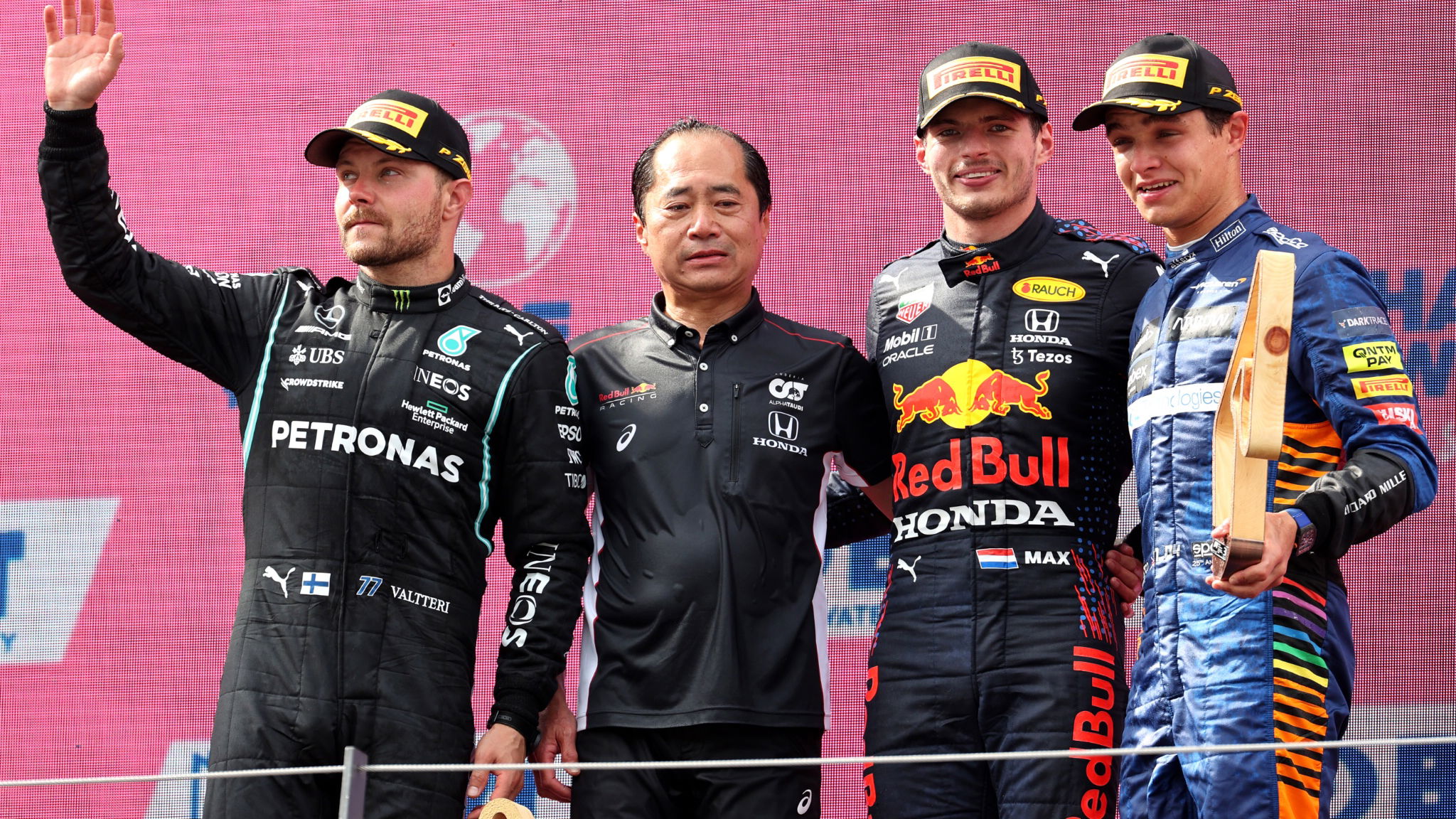 1st place Max Verstappen (NLD) Red Bull Racing RB16B, 2nd place Valtteri Bottas (FIN) Mercedes AMG F1 W12, 3rd place Lando Norris (GBR) McLaren MCL35M with Toyoharu Tanabe (JPN) Honda Racing F1 Technical Director.
