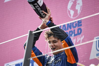 Lando Norris (GBR) McLaren celebrates his third position on the podium.