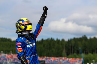 Lando Norris (GBR) McLaren celebrates his third position in parc ferme.